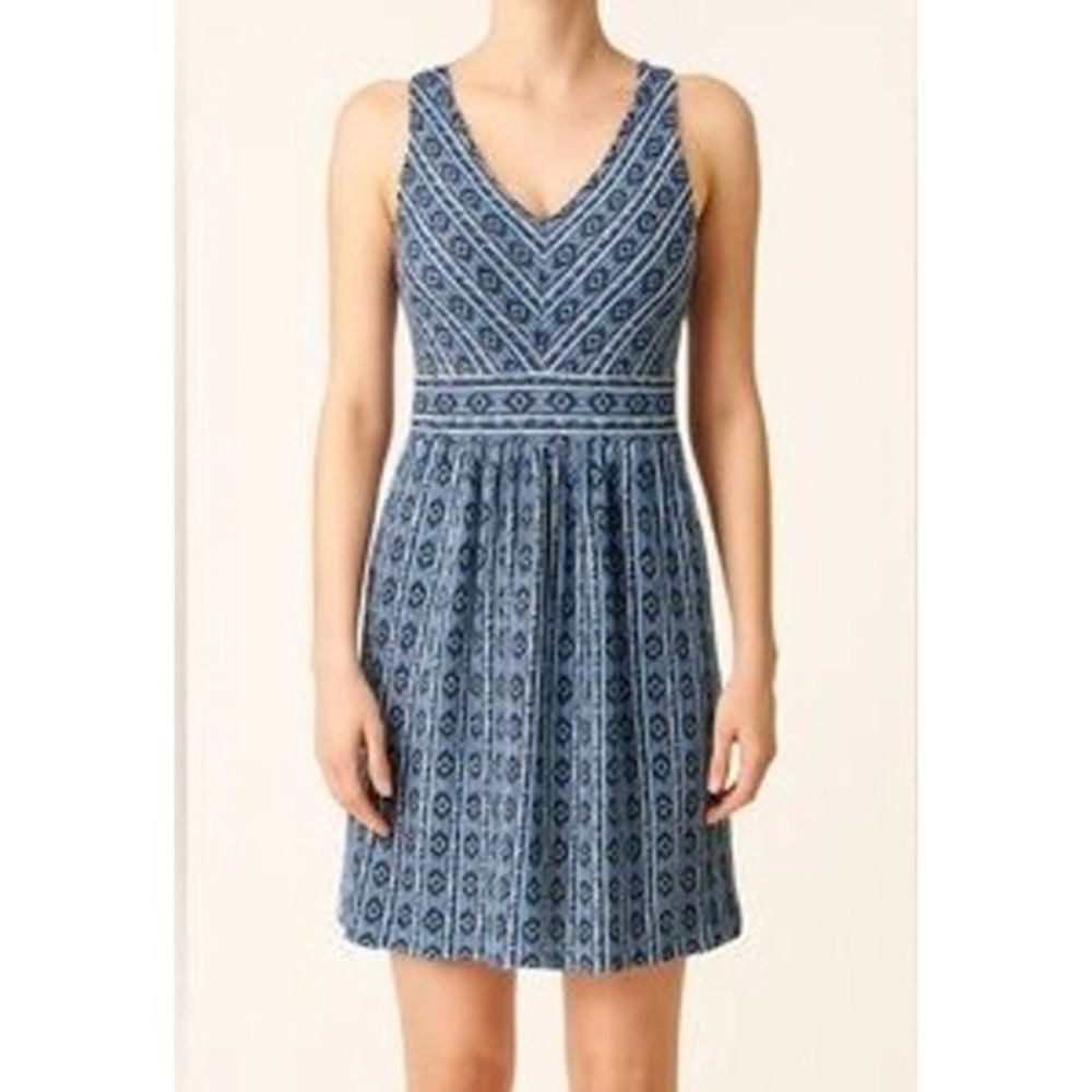 Maeve Anthropologie Blue Ikat Geometric V-Neck Sleeveless Empire Waist Dress‎ 14